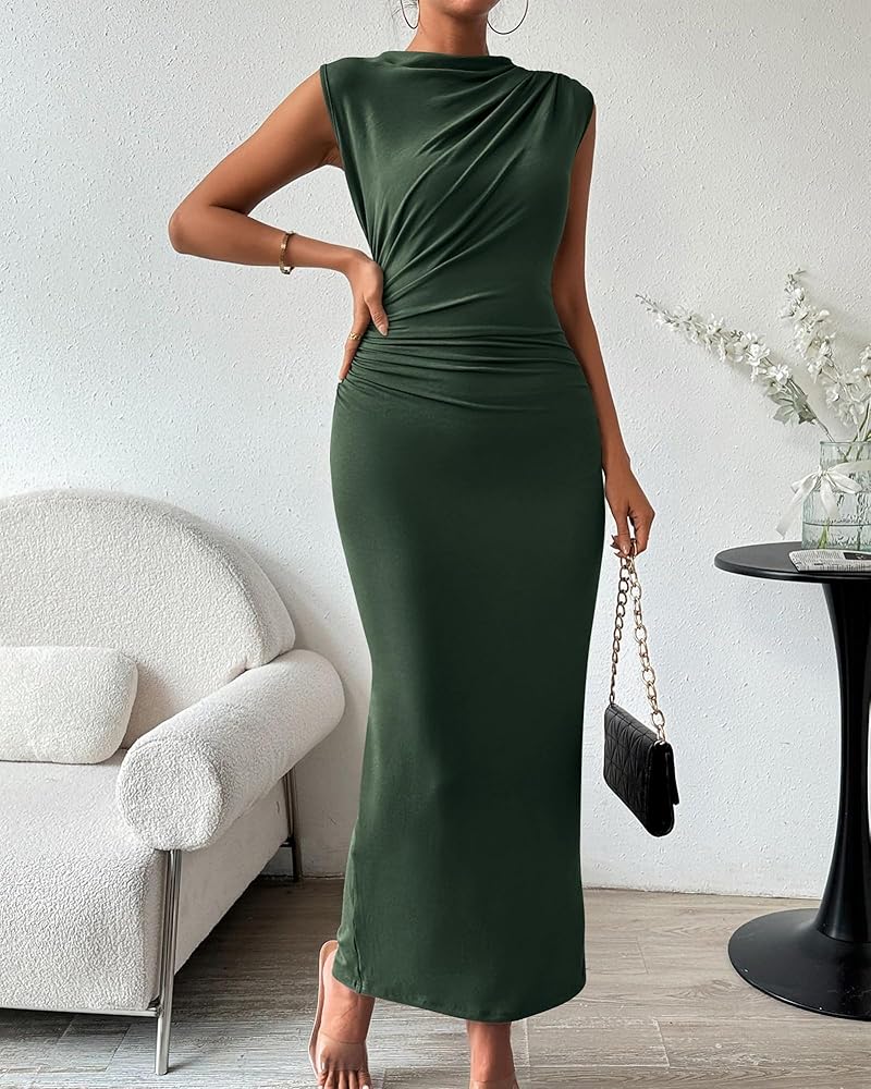 ZWRXW Bodycon Dresses for Women Sexy Ruched Sleeveless Maxi